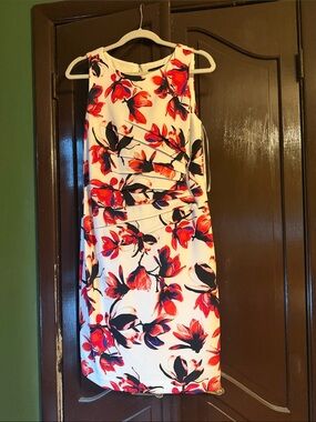 Ivanka Trump White Midi Dress with Red & Black Floral Print